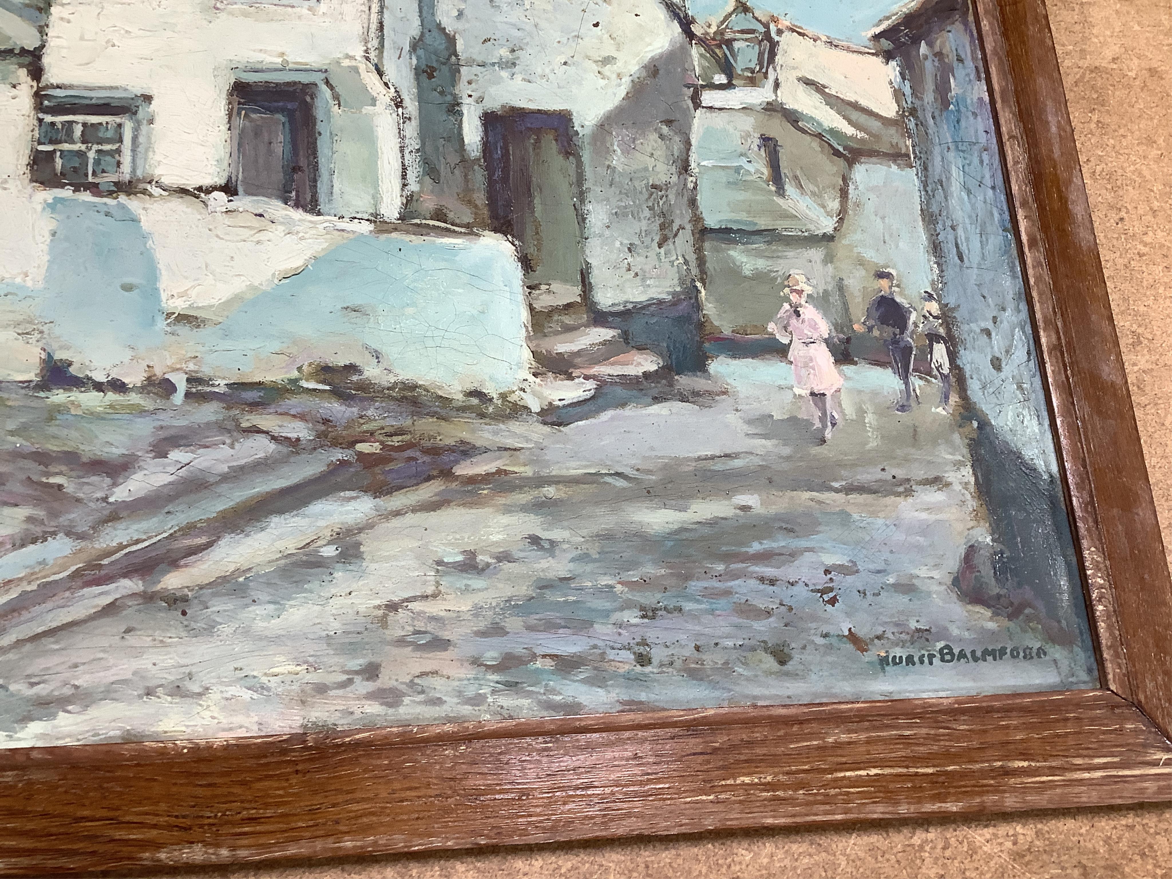 Hurst Balmford (1871-1950), Coastal view, harbour view and street scene, each signed, set of three oils on canvas laid onto board, 40 x 50cm